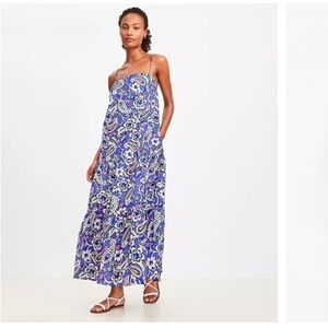 LOFT Beach Purple Paisley Tiered Boho Cotton Maxi Sundress Size Medium